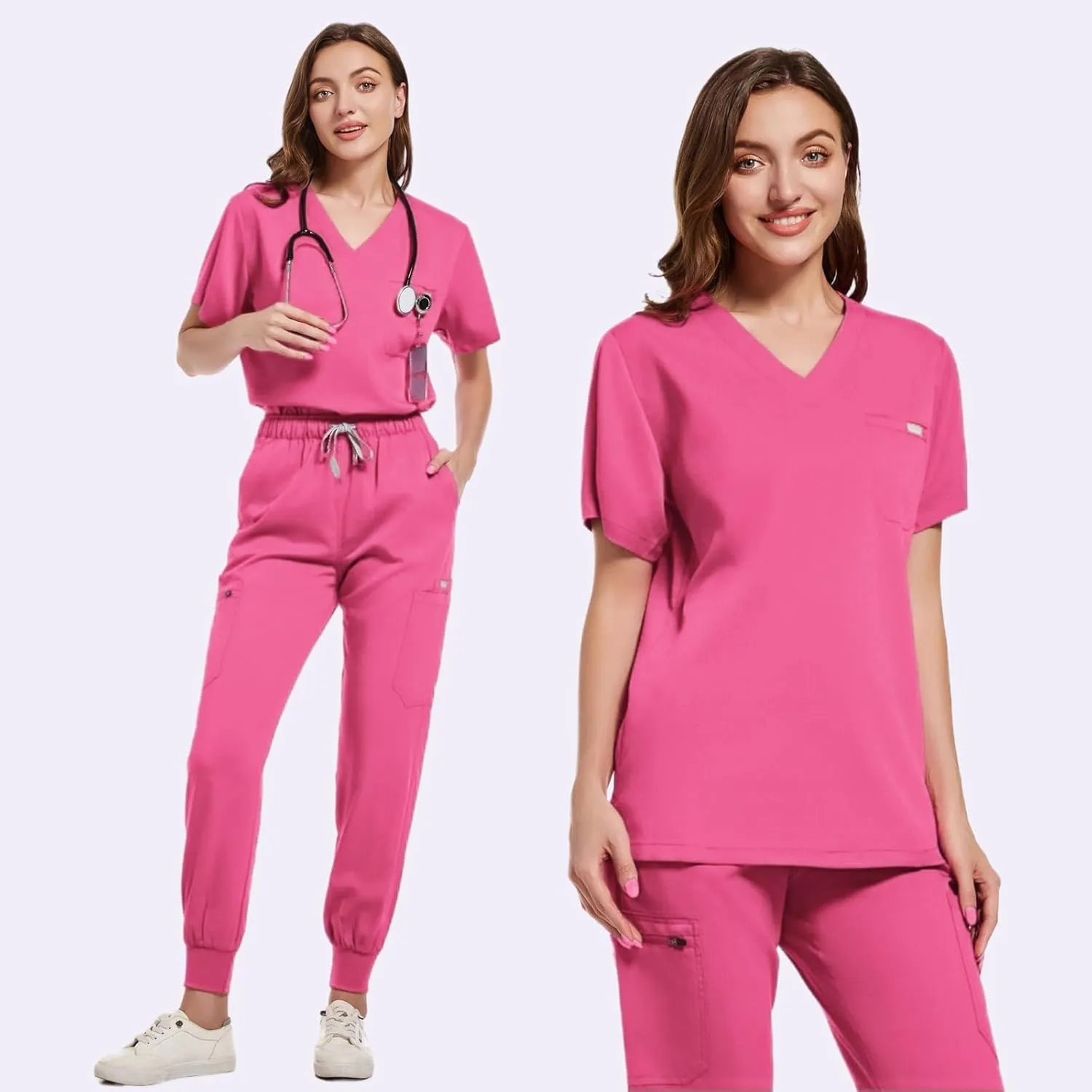 Scrub Sets for Woman Solid Color V-Neck Short Sleeve Scrub Top & Jogger Pants Multi-Pocket Nursing Uniforms Set