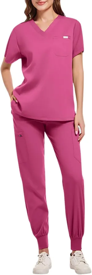 Scrub Sets for Woman Solid Color V-Neck Short Sleeve Scrub Top & Jogger Pants Multi-Pocket Nursing Uniforms Set