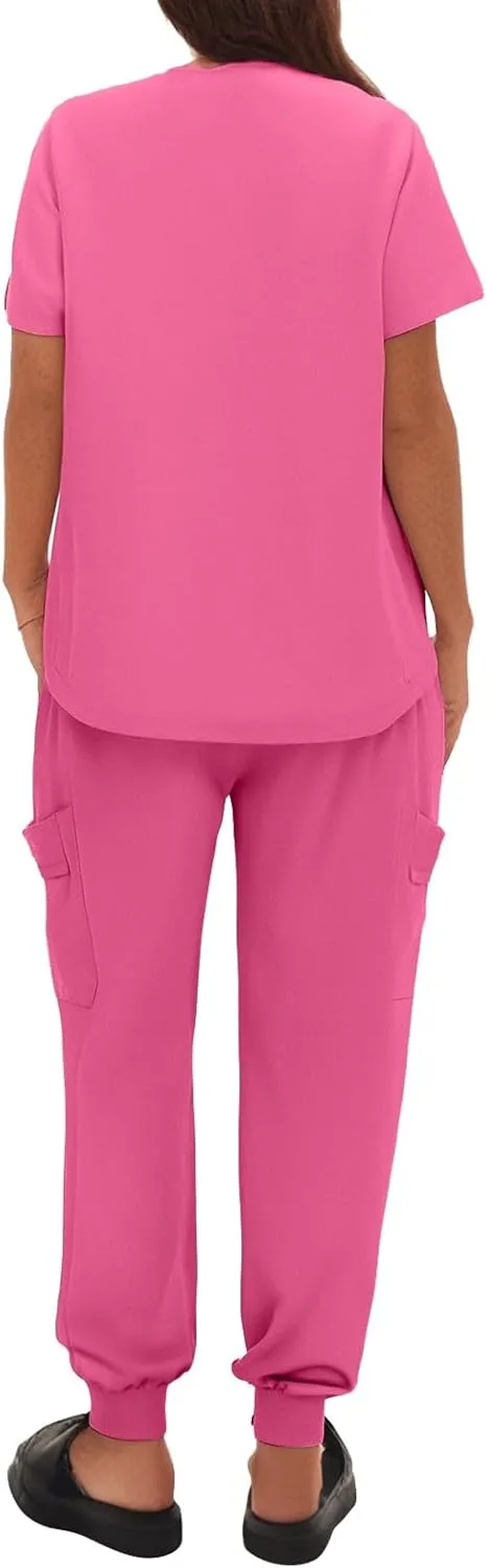 Scrub Sets for Woman Solid Color V-Neck Short Sleeve Scrub Top & Jogger Pants Multi-Pocket Nursing Uniforms Set