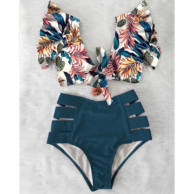 Sexy Bikinis 2020 New Double Shoulder Ruffle Bikini Set High Waist Swimwear Women Swimsuit V-Neck Bathing Suit Beach Wear Swim