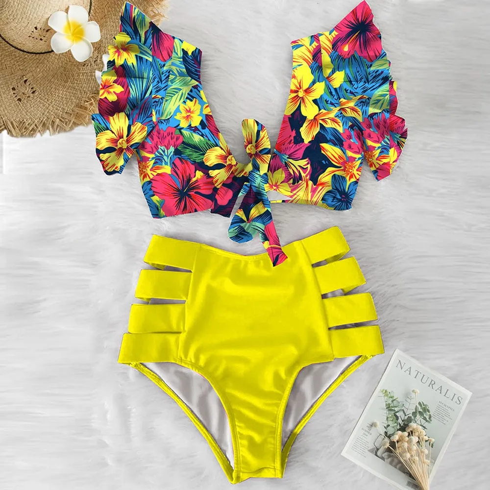 Sexy Bikinis 2020 New Double Shoulder Ruffle Bikini Set High Waist Swimwear Women Swimsuit V-Neck Bathing Suit Beach Wear Swim