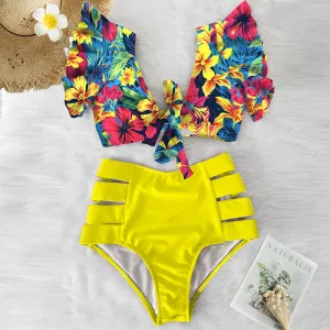 Sexy Bikinis 2020 New Double Shoulder Ruffle Bikini Set High Waist Swimwear Women Swimsuit V-Neck Bathing Suit Beach Wear Swim