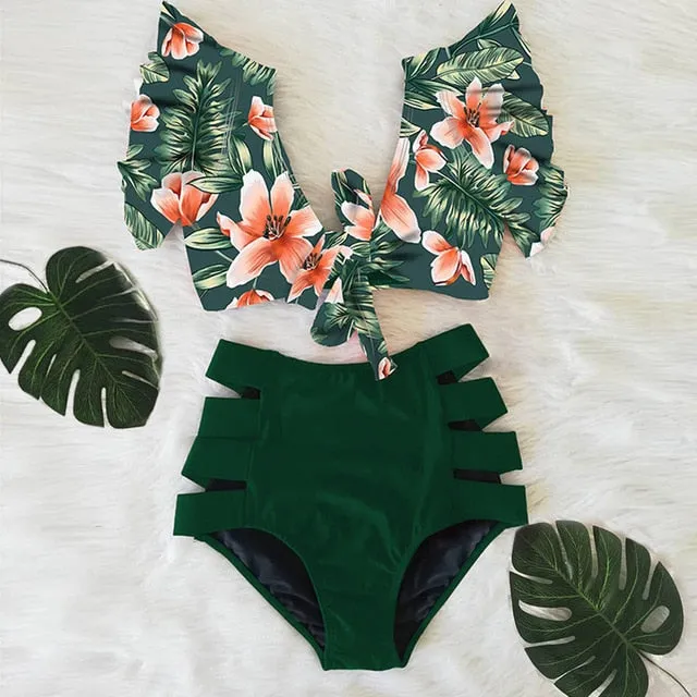 Sexy Bikinis 2020 New Double Shoulder Ruffle Bikini Set High Waist Swimwear Women Swimsuit V-Neck Bathing Suit Beach Wear Swim