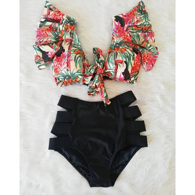 Sexy Bikinis 2020 New Double Shoulder Ruffle Bikini Set High Waist Swimwear Women Swimsuit V-Neck Bathing Suit Beach Wear Swim
