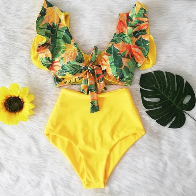 Sexy Bikinis 2020 New Double Shoulder Ruffle Bikini Set High Waist Swimwear Women Swimsuit V-Neck Bathing Suit Beach Wear Swim