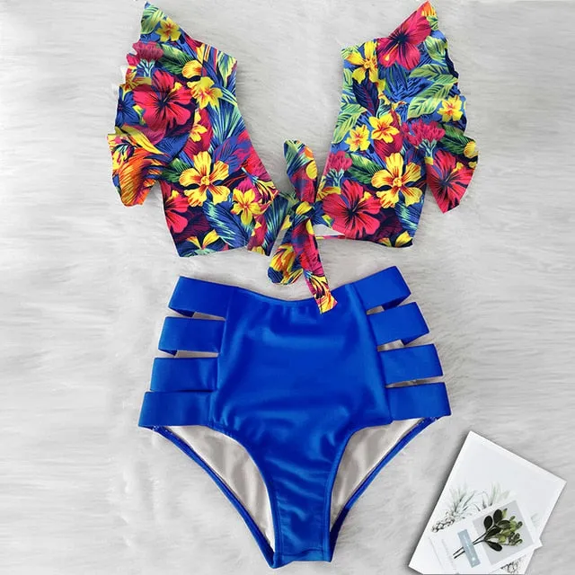 Sexy Bikinis 2020 New Double Shoulder Ruffle Bikini Set High Waist Swimwear Women Swimsuit V-Neck Bathing Suit Beach Wear Swim