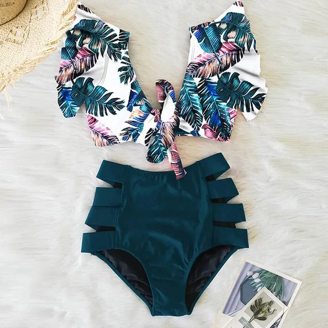 Sexy Bikinis 2020 New Double Shoulder Ruffle Bikini Set High Waist Swimwear Women Swimsuit V-Neck Bathing Suit Beach Wear Swim