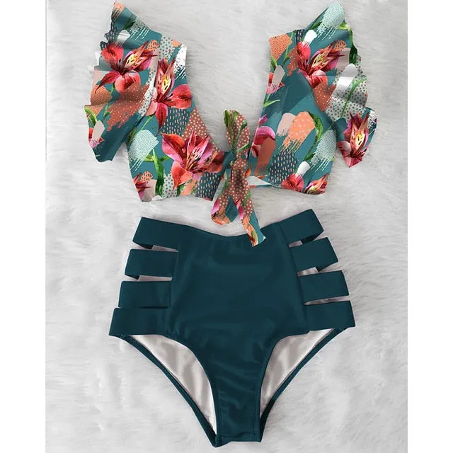Sexy Bikinis 2020 New Double Shoulder Ruffle Bikini Set High Waist Swimwear Women Swimsuit V-Neck Bathing Suit Beach Wear Swim
