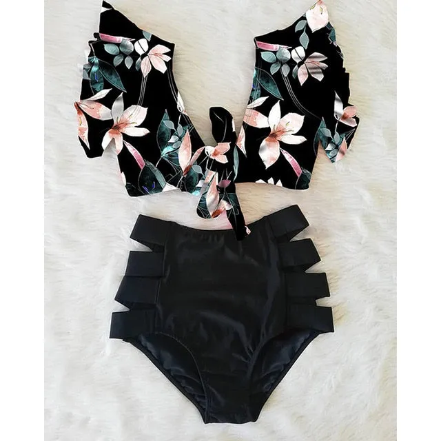 Sexy Bikinis 2020 New Double Shoulder Ruffle Bikini Set High Waist Swimwear Women Swimsuit V-Neck Bathing Suit Beach Wear Swim