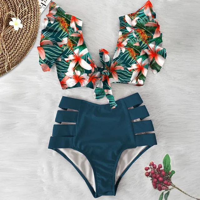 Sexy Bikinis 2020 New Double Shoulder Ruffle Bikini Set High Waist Swimwear Women Swimsuit V-Neck Bathing Suit Beach Wear Swim