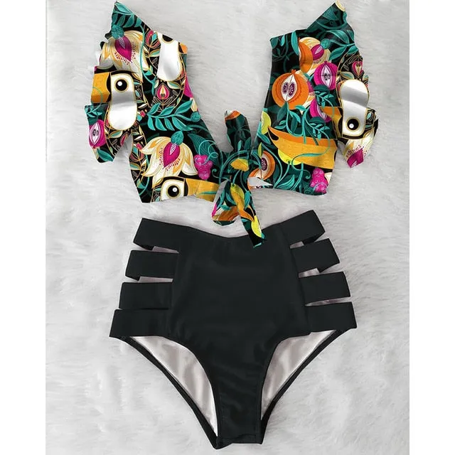 Sexy Bikinis 2020 New Double Shoulder Ruffle Bikini Set High Waist Swimwear Women Swimsuit V-Neck Bathing Suit Beach Wear Swim