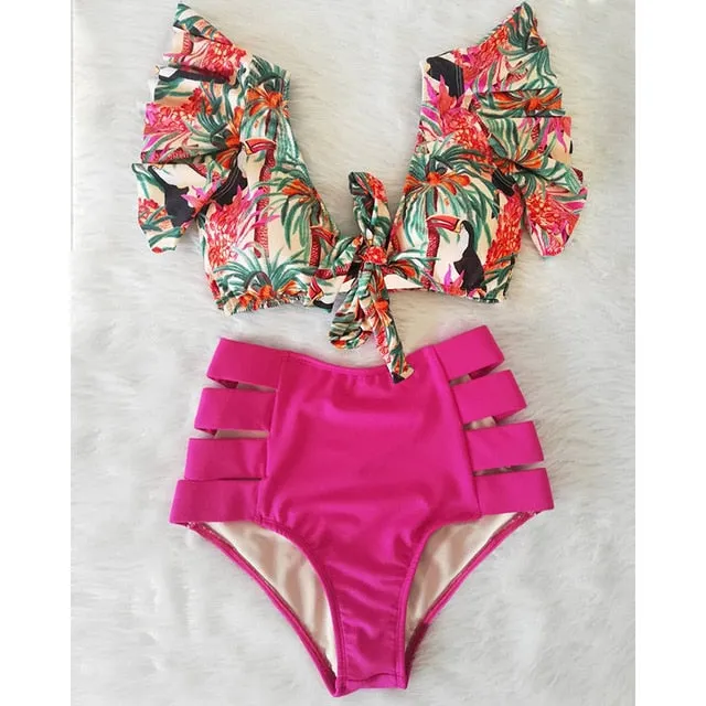 Sexy Bikinis 2020 New Double Shoulder Ruffle Bikini Set High Waist Swimwear Women Swimsuit V-Neck Bathing Suit Beach Wear Swim