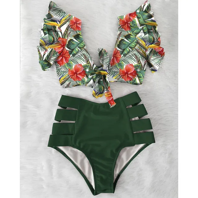 Sexy Bikinis 2020 New Double Shoulder Ruffle Bikini Set High Waist Swimwear Women Swimsuit V-Neck Bathing Suit Beach Wear Swim