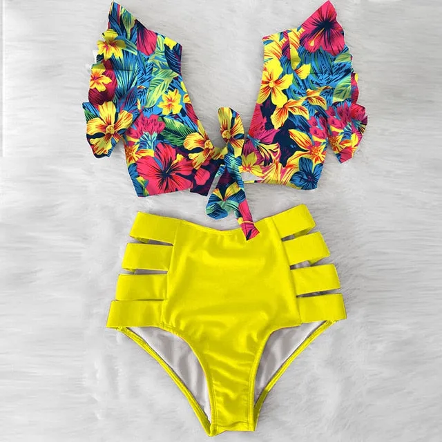 Sexy Bikinis 2020 New Double Shoulder Ruffle Bikini Set High Waist Swimwear Women Swimsuit V-Neck Bathing Suit Beach Wear Swim