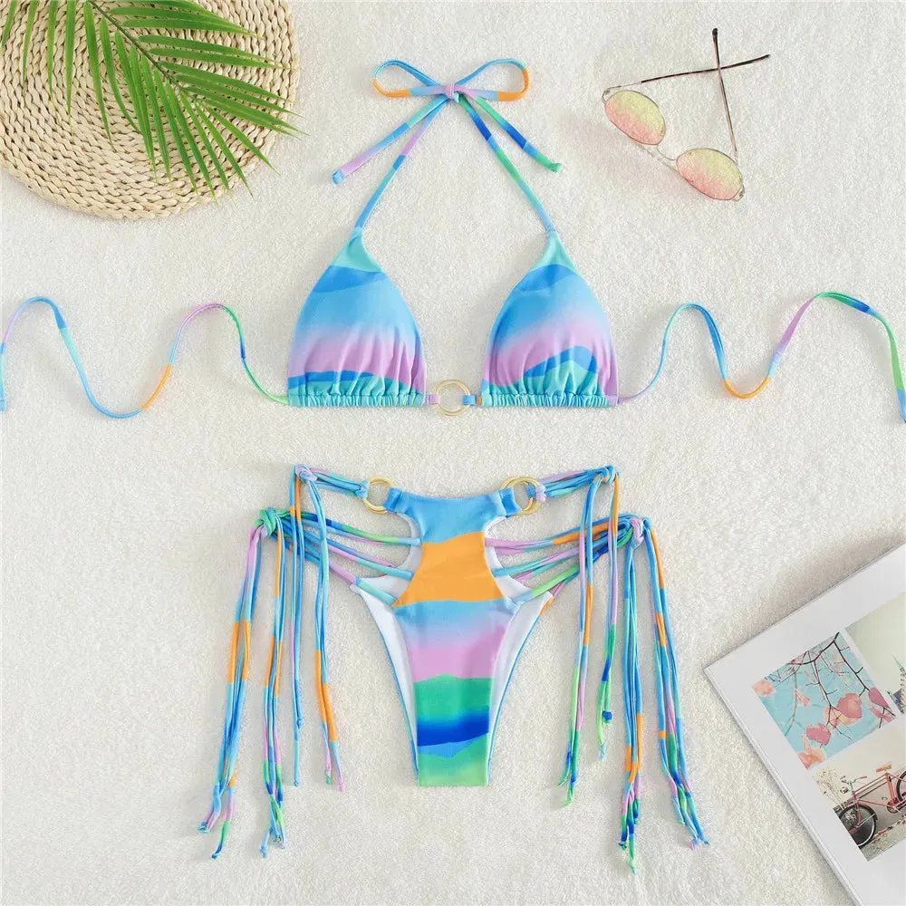 Sexy Gradient Tie Dye Print Micro Thong String Halter Swimwear