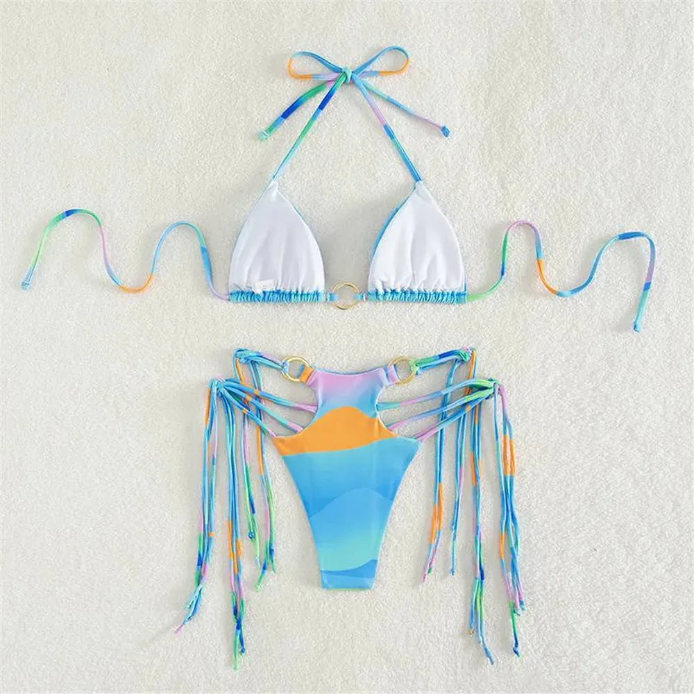 Sexy Gradient Tie Dye Print Micro Thong String Halter Swimwear