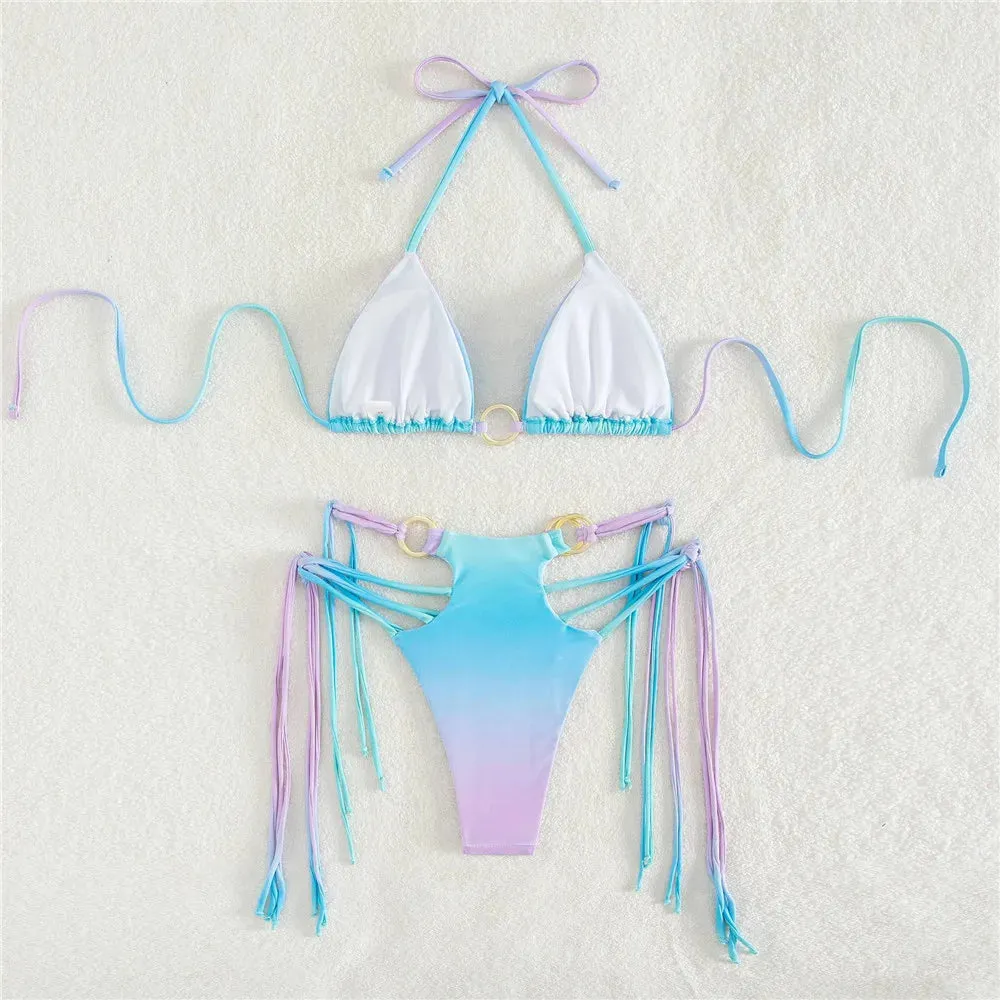 Sexy Gradient Tie Dye Print Micro Thong String Halter Swimwear