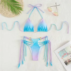 Sexy Gradient Tie Dye Print Micro Thong String Halter Swimwear