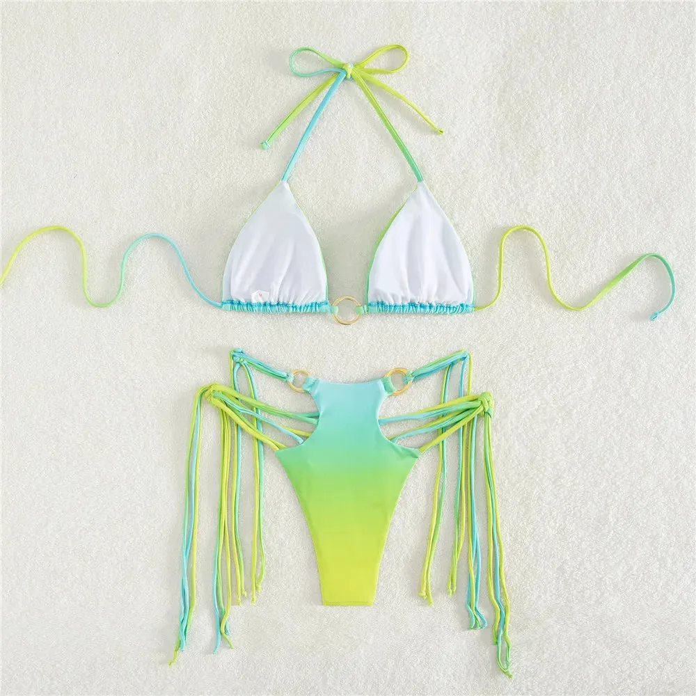 Sexy Gradient Tie Dye Print Micro Thong String Halter Swimwear