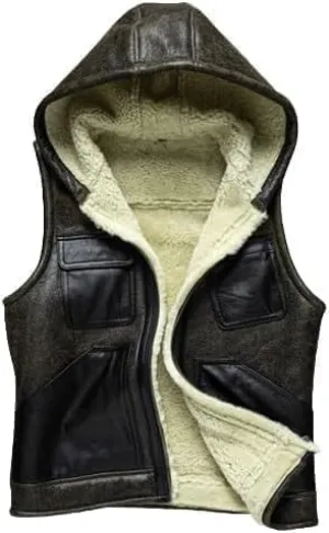 Shearling Fur Sheepskin Men's Sleeveless Hooded Vest  Thick, Warm Waistcoat Leather B3 Bomber Jacket Style