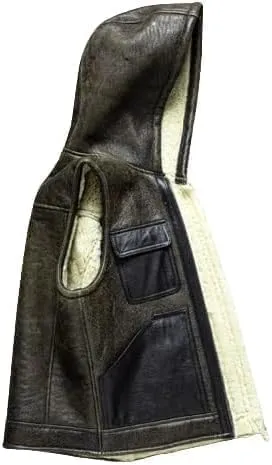 Shearling Fur Sheepskin Men's Sleeveless Hooded Vest  Thick, Warm Waistcoat Leather B3 Bomber Jacket Style
