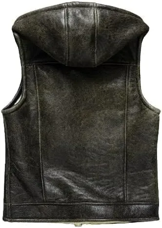 Shearling Fur Sheepskin Men's Sleeveless Hooded Vest  Thick, Warm Waistcoat Leather B3 Bomber Jacket Style