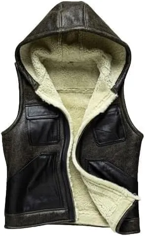 Shearling Fur Sheepskin Men's Sleeveless Hooded Vest  Thick, Warm Waistcoat Leather B3 Bomber Jacket Style