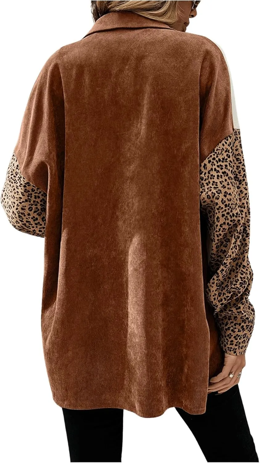 SHENHE Women's Corduroy Leopard Button Down Long Sleeve Shacket Jacket Outwear Coats