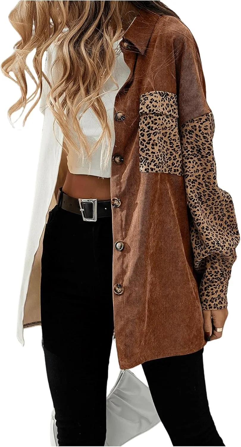 SHENHE Women's Corduroy Leopard Button Down Long Sleeve Shacket Jacket Outwear Coats