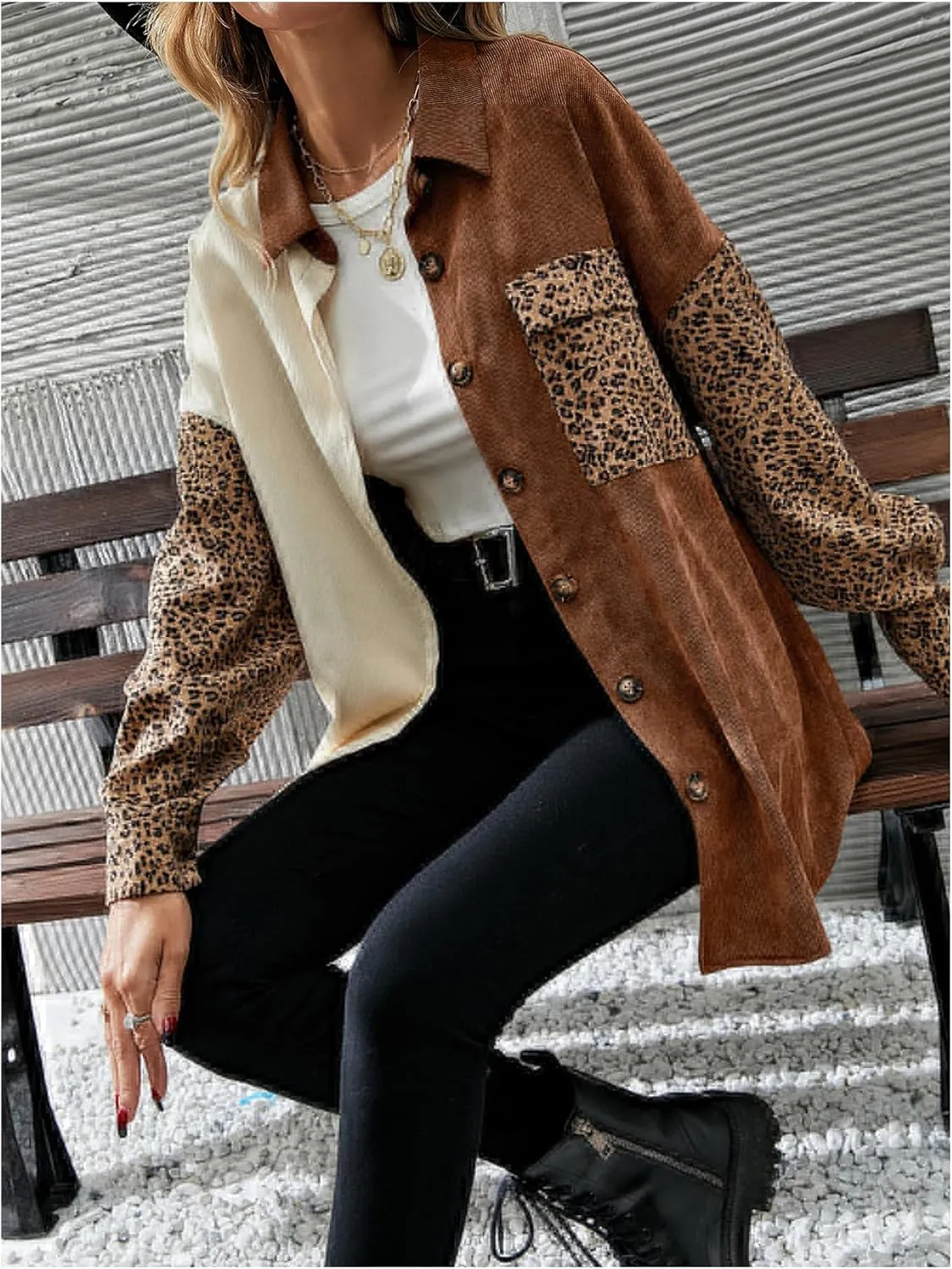 SHENHE Women's Corduroy Leopard Button Down Long Sleeve Shacket Jacket Outwear Coats