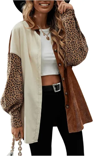 SHENHE Women's Corduroy Leopard Button Down Long Sleeve Shacket Jacket Outwear Coats