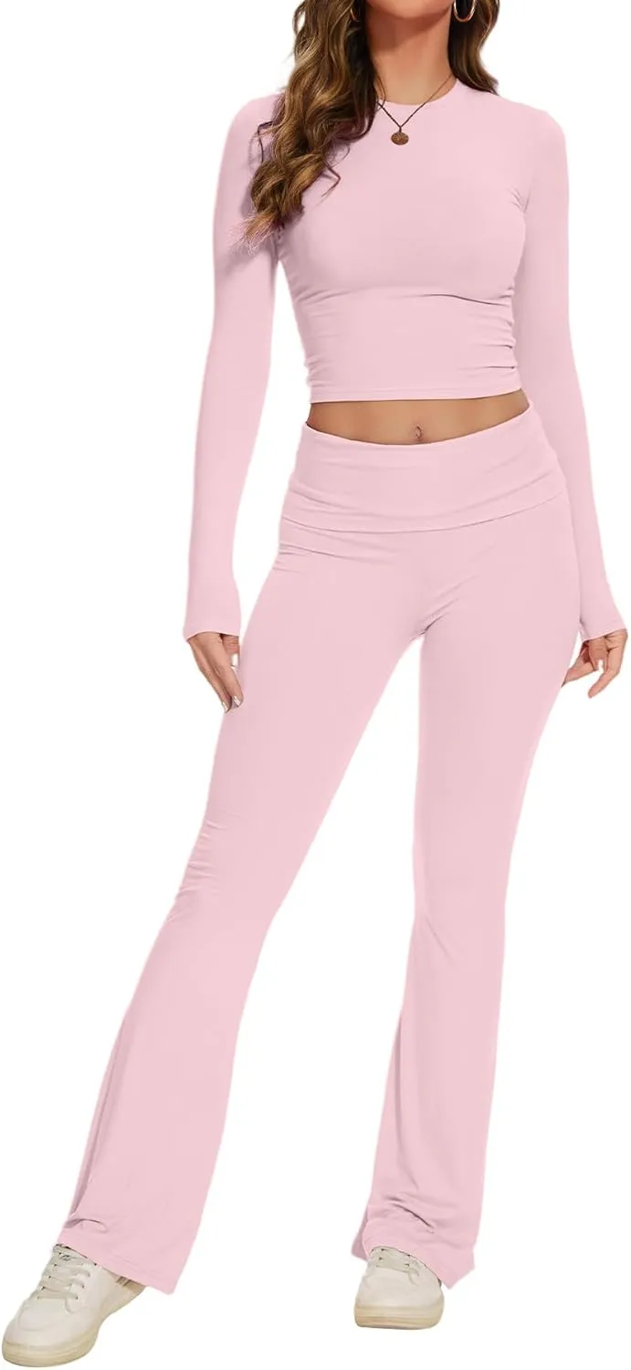 SISKIN Women's 2 Piece Outfits Lounge Sets Long Sleeve Tops with Wide Leg Flare Pants Yoga Tracksuit Sets