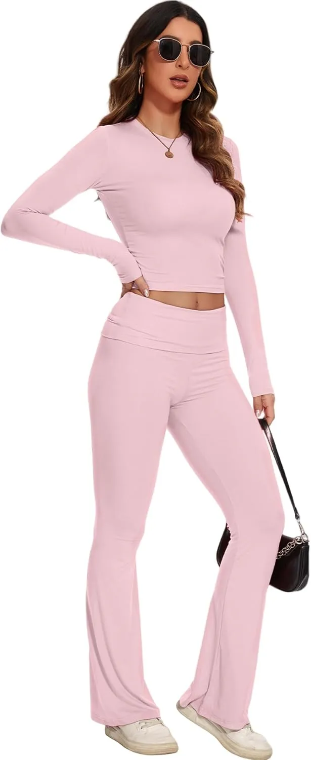 SISKIN Women's 2 Piece Outfits Lounge Sets Long Sleeve Tops with Wide Leg Flare Pants Yoga Tracksuit Sets