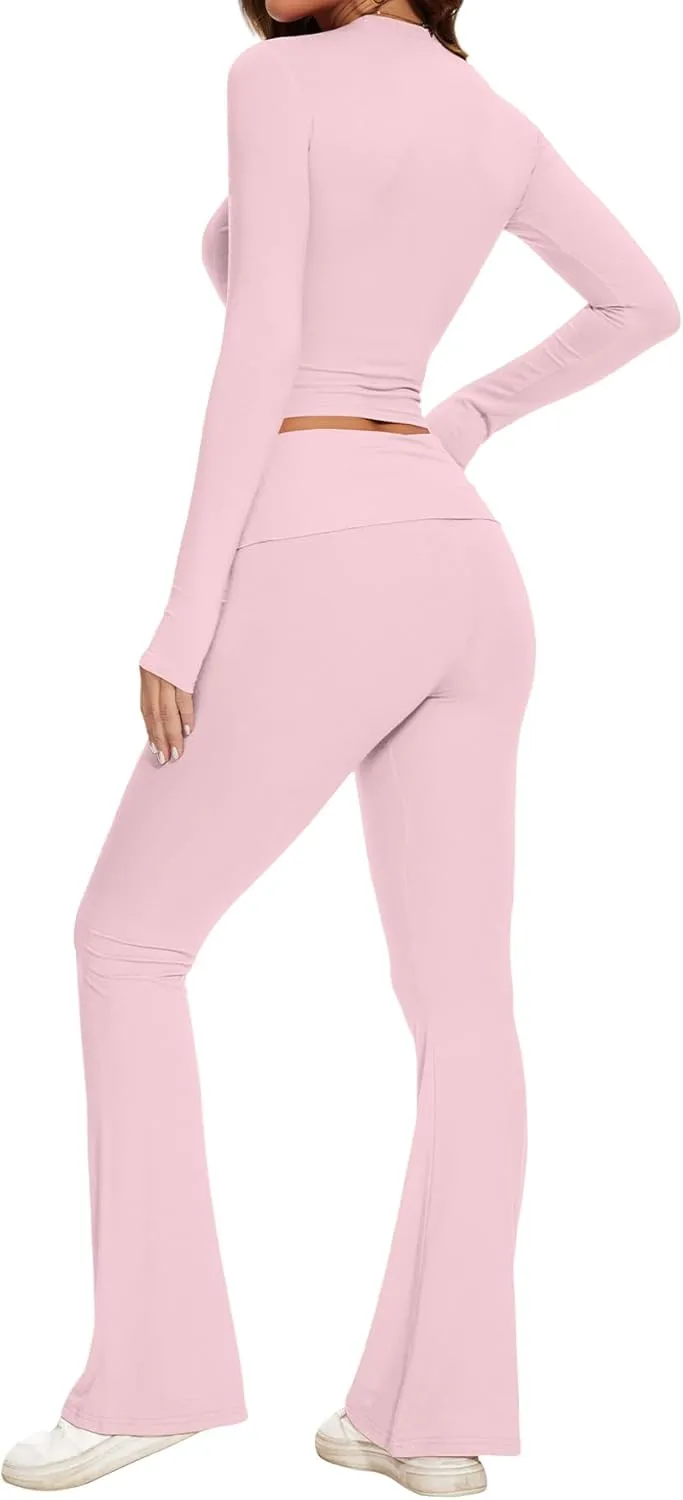 SISKIN Women's 2 Piece Outfits Lounge Sets Long Sleeve Tops with Wide Leg Flare Pants Yoga Tracksuit Sets