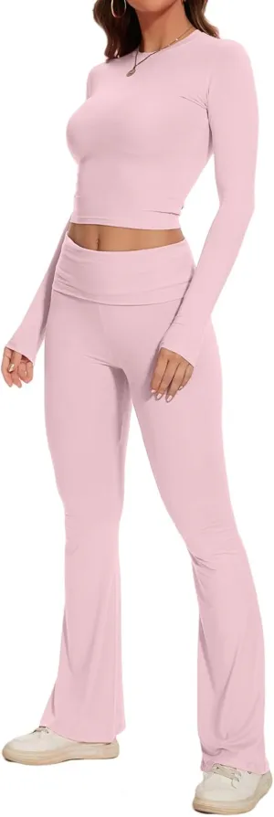 SISKIN Women's 2 Piece Outfits Lounge Sets Long Sleeve Tops with Wide Leg Flare Pants Yoga Tracksuit Sets