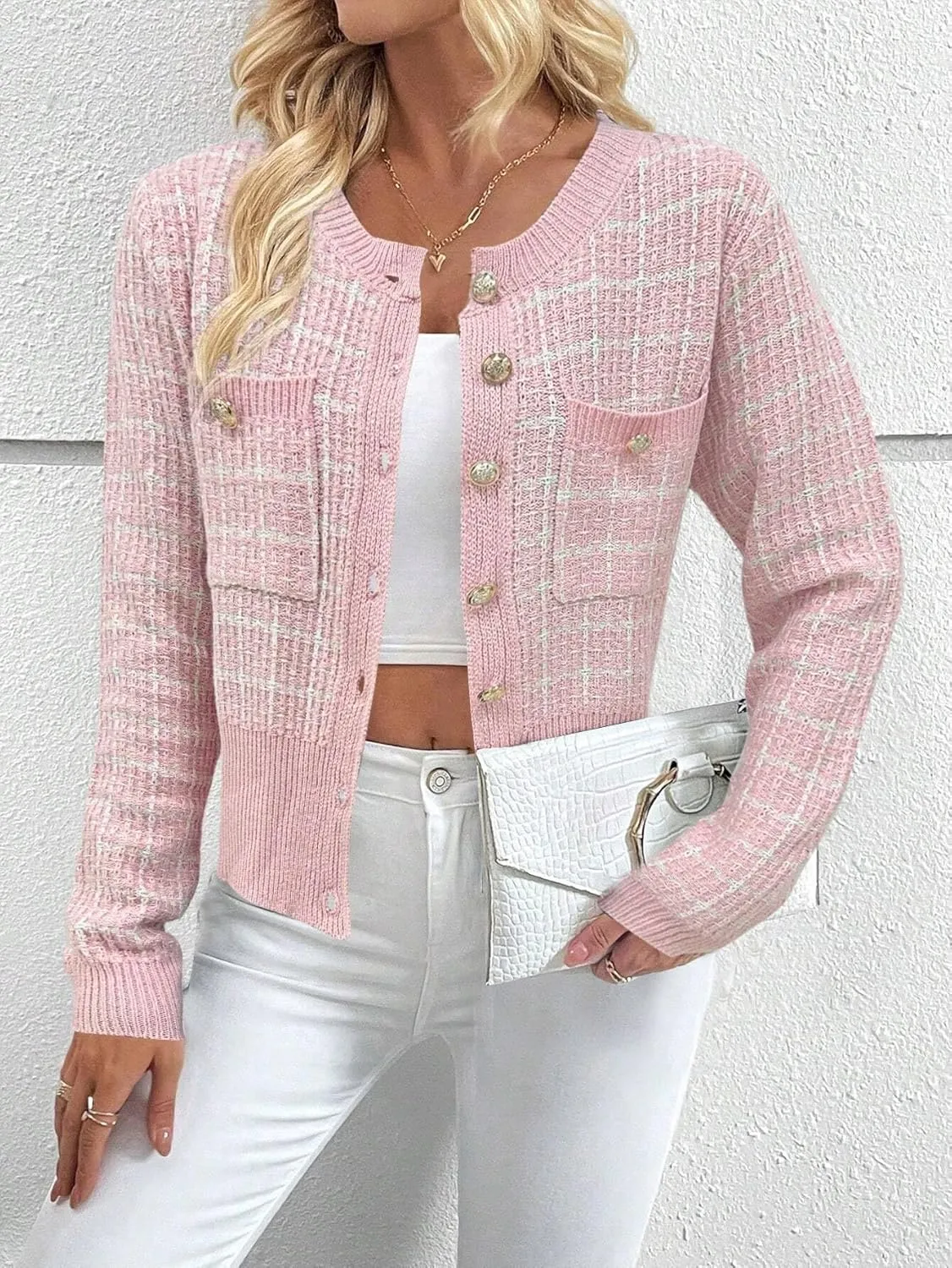 SKAYS Women's Autumn Jackets,Tweed Cardigan,Womens Cardigans Dressy Casual Flap Detail Button Front Cardigan