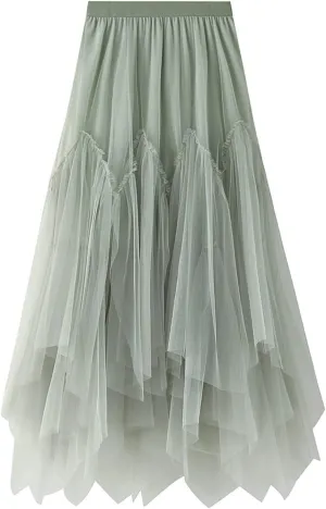 Skirts for Women 2025 High Waist Elastic Mesh Midi Skirt Elegant Floral Tulle A-line Skirts Trendy Irregular Skirt