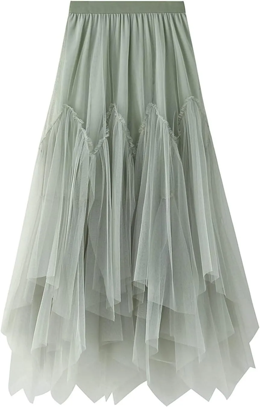 Skirts for Women 2025 High Waist Elastic Mesh Midi Skirt Elegant Floral Tulle A-line Skirts Trendy Irregular Skirt
