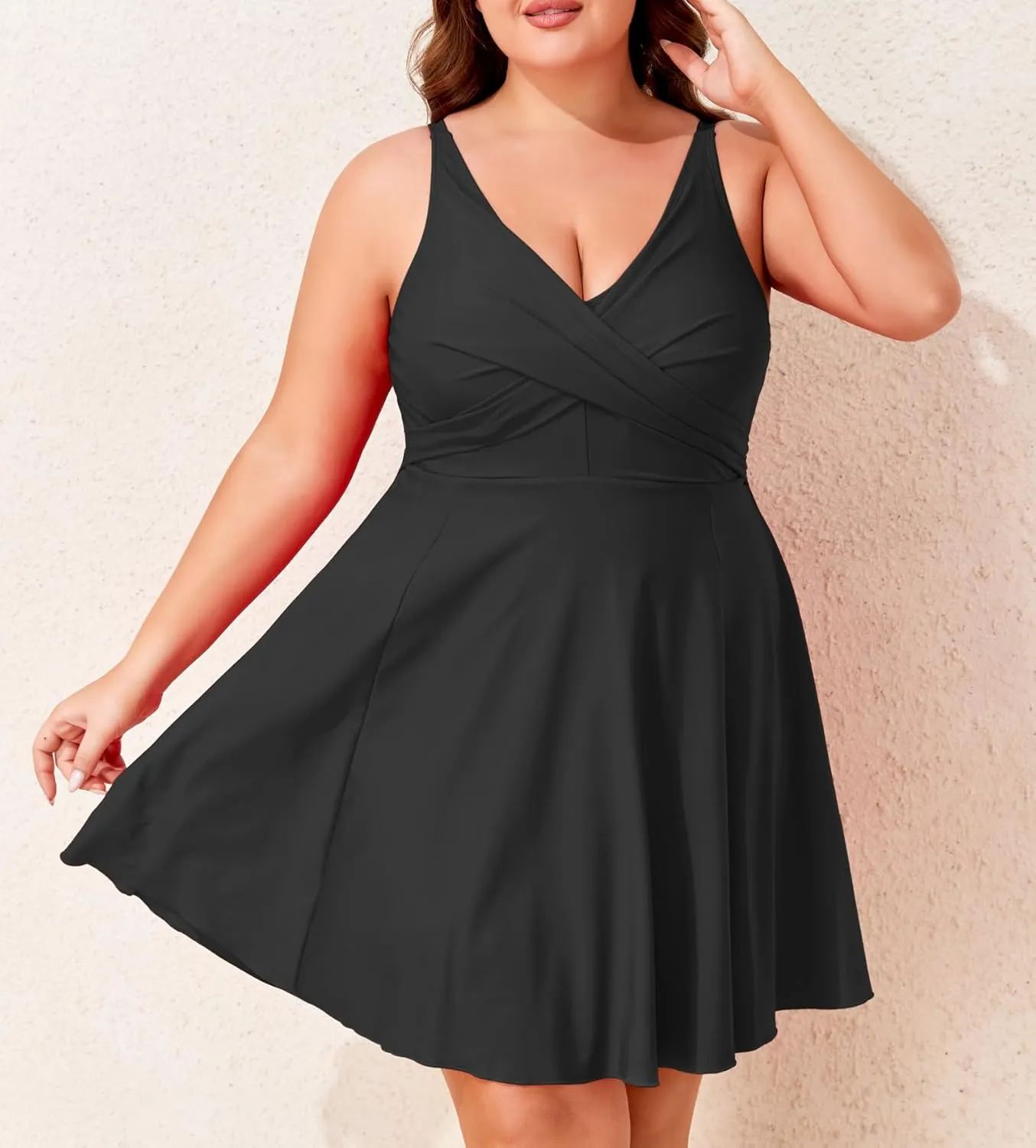 Smismivo Plus Size One Piece Swimsuit for Women Tummy Control Swim Dress Full Coverage Curvy Bathing Suit V Neck Swimwear