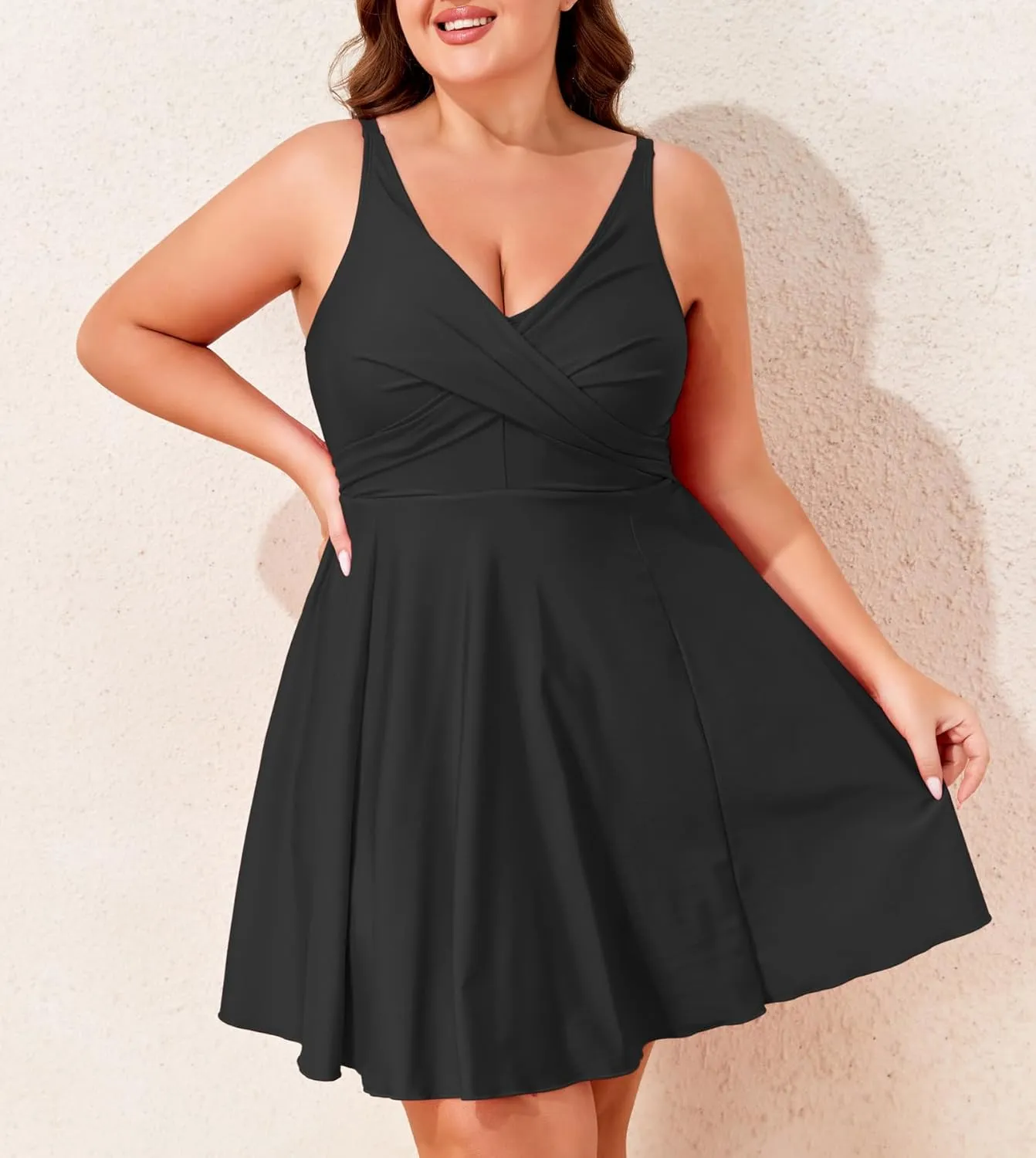 Smismivo Plus Size One Piece Swimsuit for Women Tummy Control Swim Dress Full Coverage Curvy Bathing Suit V Neck Swimwear
