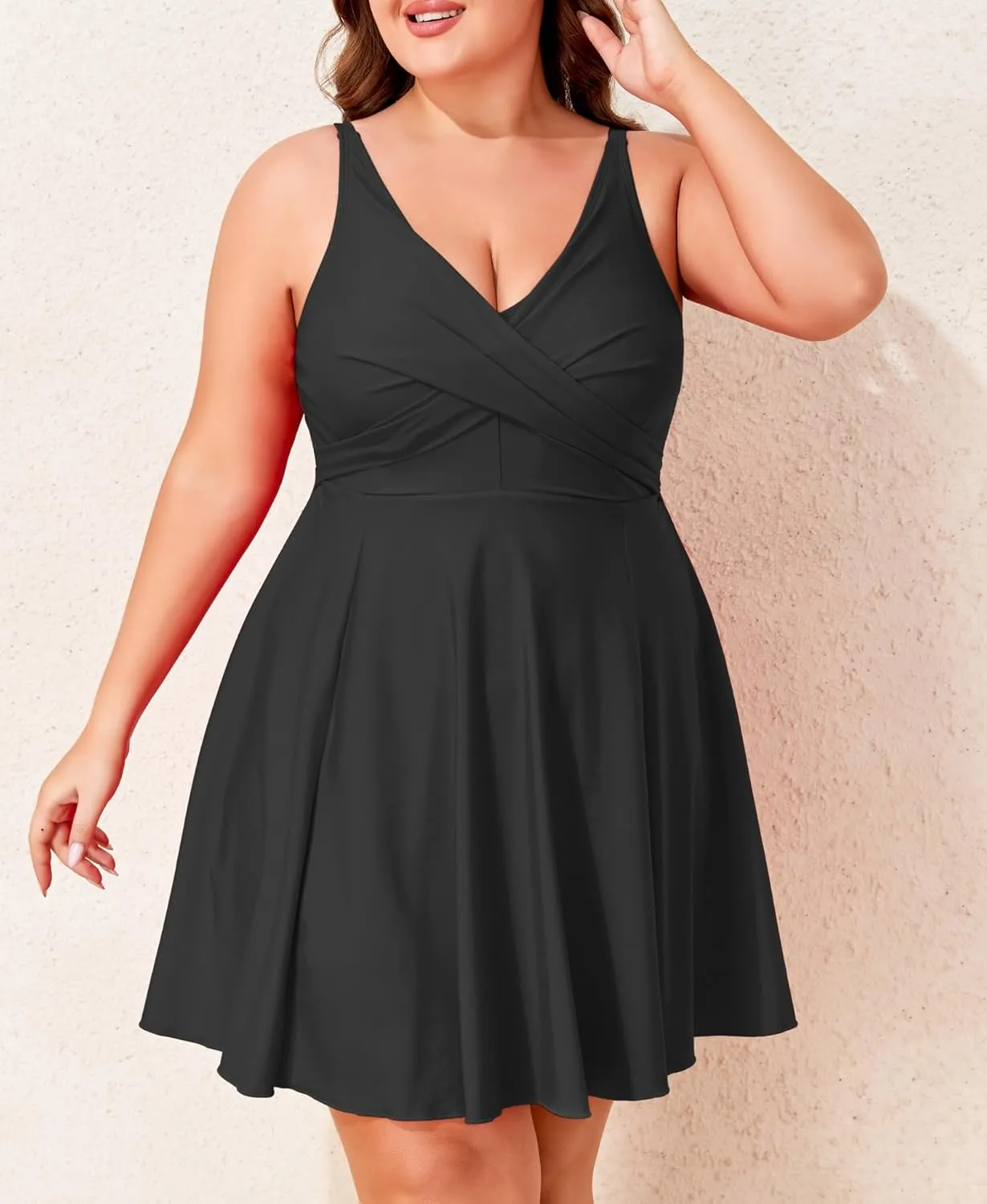 Smismivo Plus Size One Piece Swimsuit for Women Tummy Control Swim Dress Full Coverage Curvy Bathing Suit V Neck Swimwear