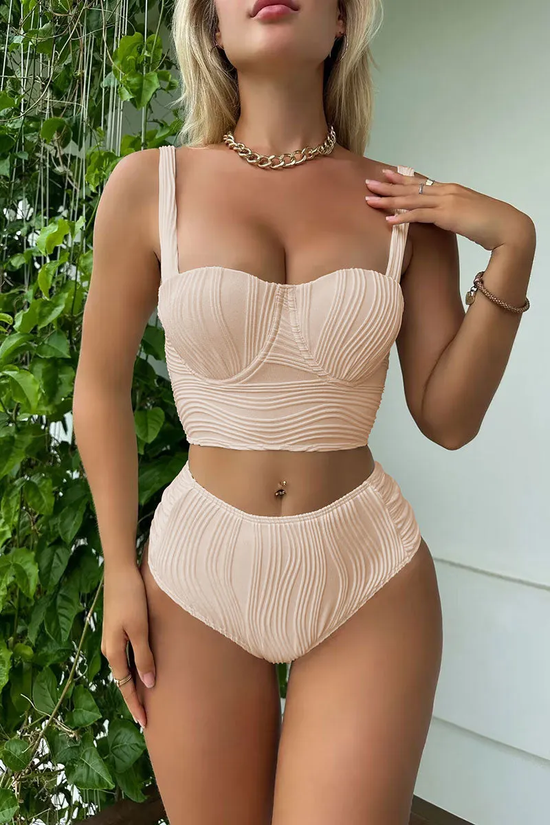 Solid Color Textured Chic Square Collar Bikini