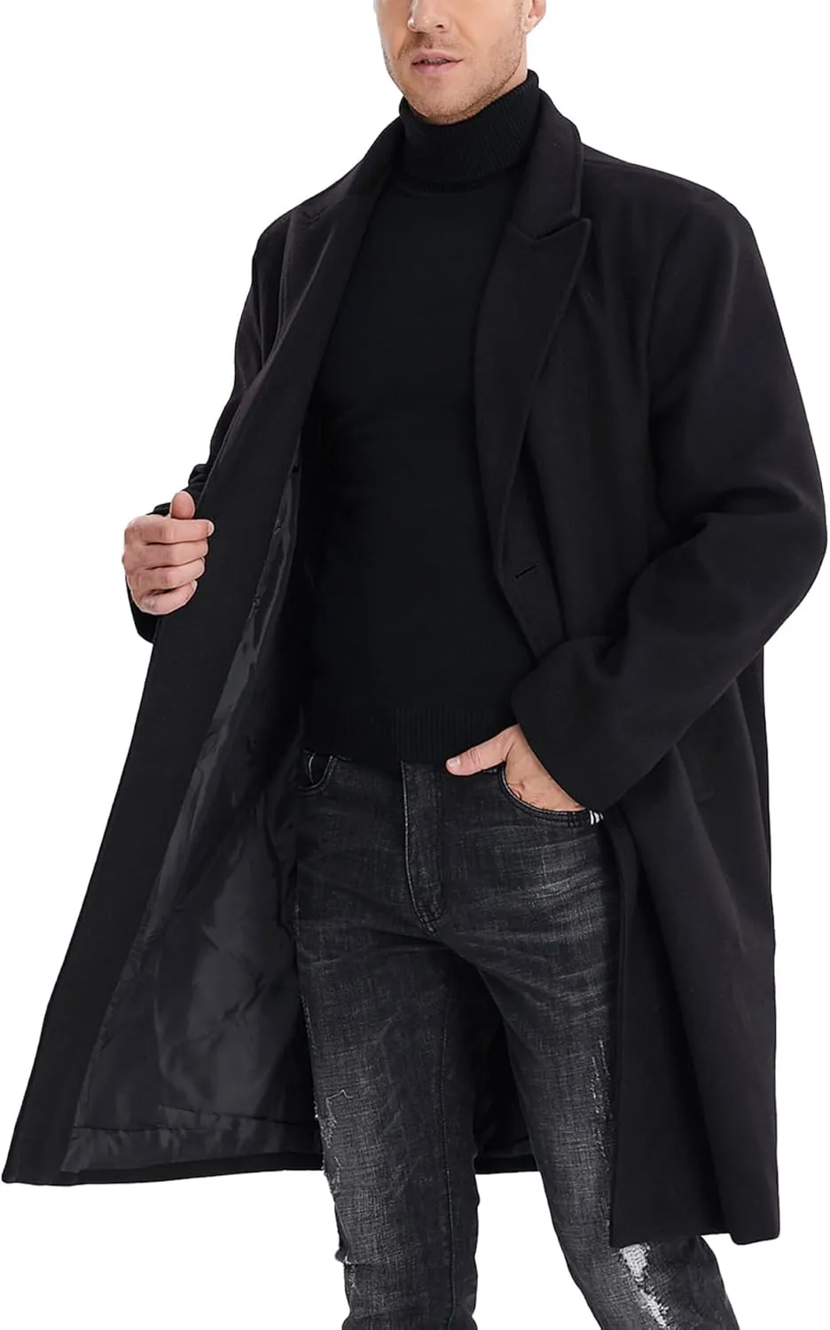 SOMTHRON Men's Casual Trench Coat Mid Long Single Breasted Slim Fit Peacoat Notched Lapel Winter Business Overcoat
