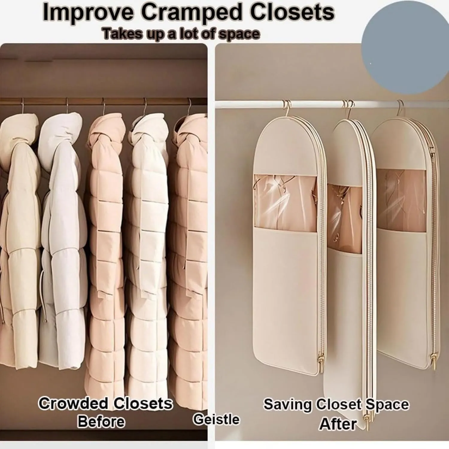 Space Saving Hanging Garment Bag with Self, Compression Zipper, Travel Organizer for down Coat Suit, Dust Cover Clothes Bags for down Coat, Space Saver Closet Organizers (Beige, X-Large)
