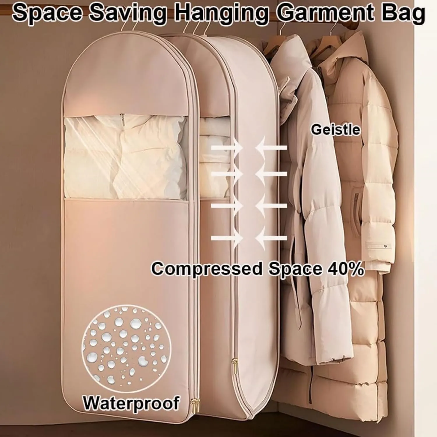Space Saving Hanging Garment Bag with Self, Compression Zipper, Travel Organizer for down Coat Suit, Dust Cover Clothes Bags for down Coat, Space Saver Closet Organizers (Beige, X-Large)