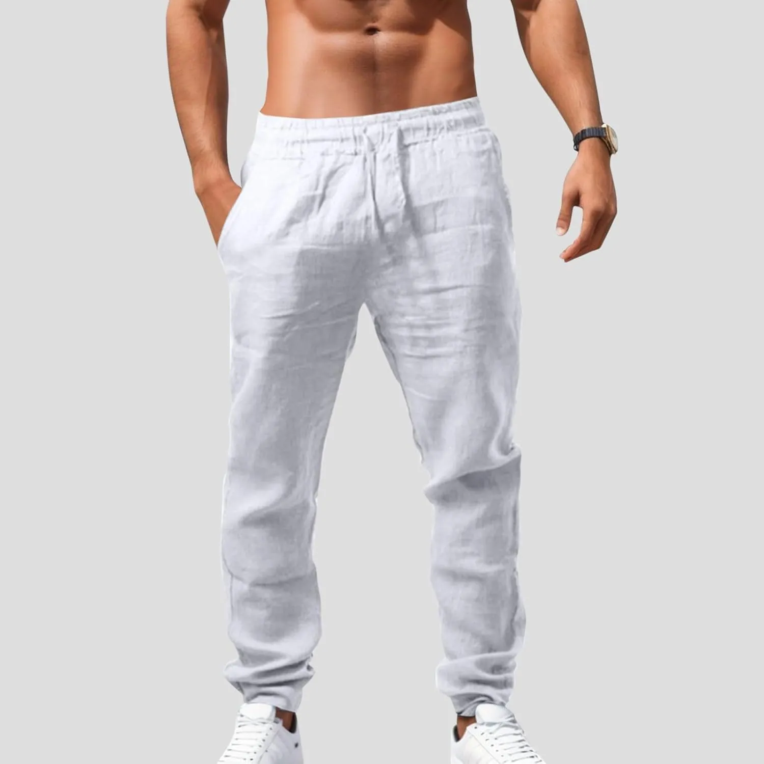 Summer Linen Pants for Men Workout Track Pant Stretch Elastic Waist Classic Fit Trousers Gym Golf Sweatpants