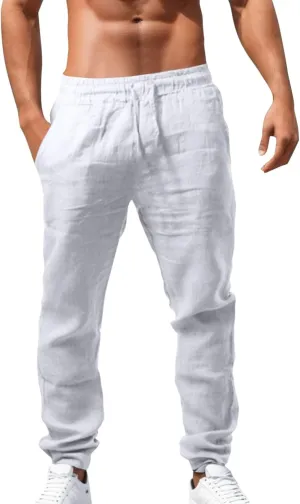 Summer Linen Pants for Men Workout Track Pant Stretch Elastic Waist Classic Fit Trousers Gym Golf Sweatpants