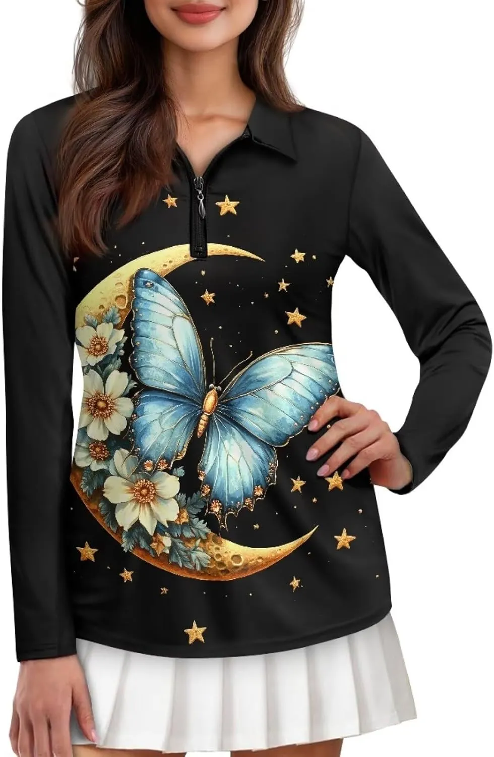Suobstales Women's Long Sleeve Golf Polo Shirts Zip Up Pullover Workout Tops Athletic Tennis Shirt Plus Size XS-2XL