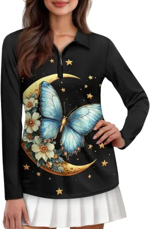 Suobstales Women's Long Sleeve Golf Polo Shirts Zip Up Pullover Workout Tops Athletic Tennis Shirt Plus Size XS-2XL