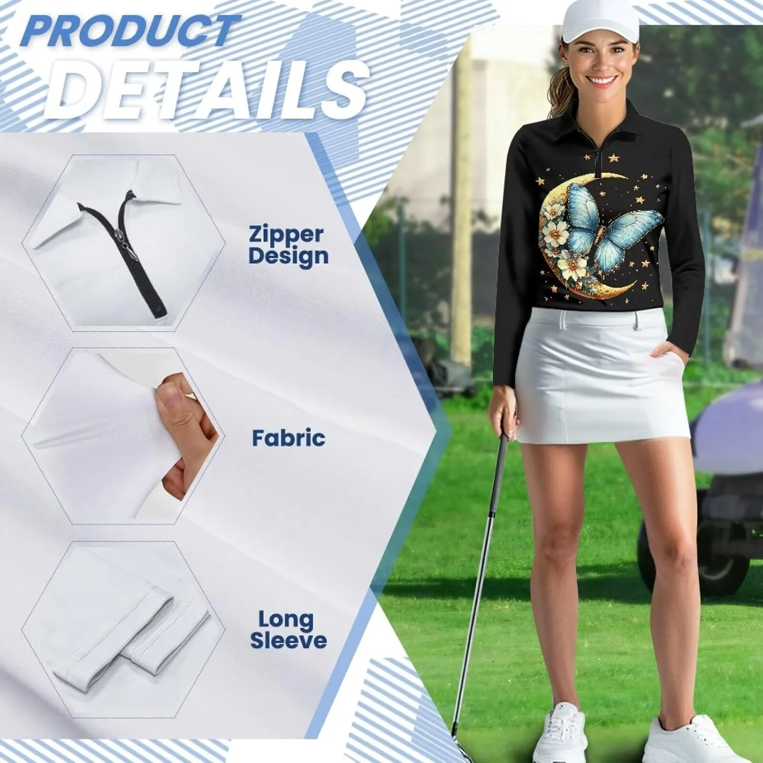 Suobstales Women's Long Sleeve Golf Polo Shirts Zip Up Pullover Workout Tops Athletic Tennis Shirt Plus Size XS-2XL
